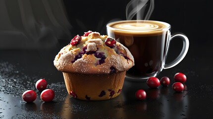 a freshly baked cranberry muffin with a generous topping of sugar and a few loose cranberries scattered around it
