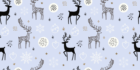 Cotton fabric Seamless winter reindeer pattern with snowflakes, Christmas ornaments, hearts and decorative dots on light blue background, cute hand drawn festive holiday illustration,  vector for kids, wrapping 