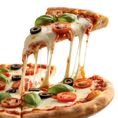 Mouthwatering pizza slice with melting mozzarella cheese, fresh basil, and ripe tomatoes for a delicious culinary experience, perfect for food lovers