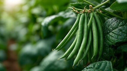 Obraz premium Fresh green beans hanging on vine in vegetable garden with sunlight filtering through leaves and sharp focus on vegetable texture and foliage.