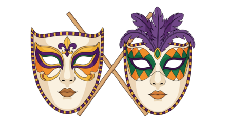 Mardi Gras masks with purple, green, and gold colors, festive celebration symbols