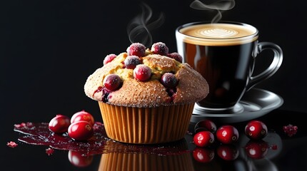 a freshly baked cranberry muffin with a generous topping of sugar and a few loose cranberries scattered around it