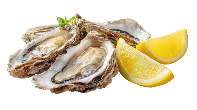 Fresh oysters served with lemon slices on a white background.