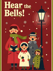 christmas poster with caroling family and hear the bells text, christmas card with streetlamp and musical notes, festive card with winter clothes and red background
