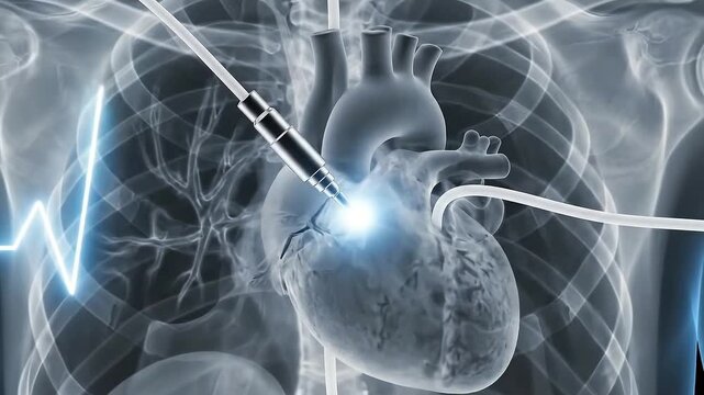 Detailed Medical Animation Illustrating Cardiac Catheterization Procedure With A Glowing Heart And EKG Monitor Overlay In A Dark Blue Scientific Background