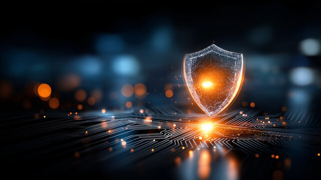 Futuristic glowing shield emblem with circuits, defocused digital patterns, cybersecurity concept, data protection technology, network defense visualization, security infrastructur