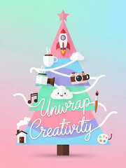 christmas poster with unwrap creativity tree and pastel background, christmas card with artistic icons and festive layers, festive card with rocket coffee camera and paintbrush
