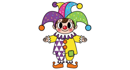Cute cartoon jester character with colorful jester hat and costume, isolated on white background