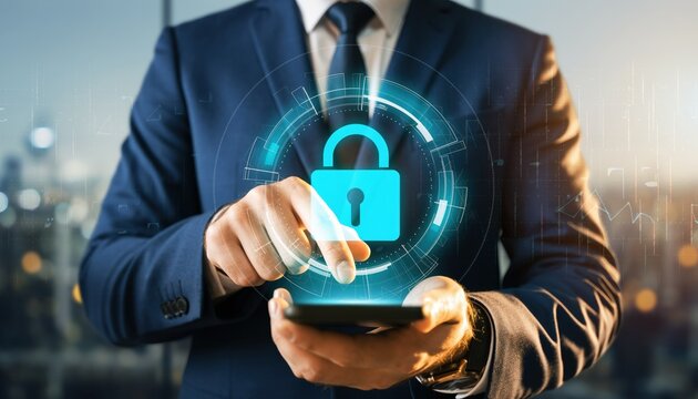 Businessman in Sharp Navy Blue Suit Holding Black Smartphone Touching Glowing Cyan Lock Security Icon with Blurred Urban City Lights Night Background