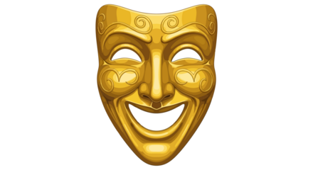 Golden theatrical mask with a happy expression and ornate swirling details
