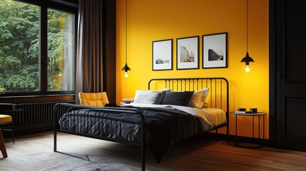 A bold and stylish bedroom with a queen bed, black and yellow walls, and rich wooden flooring for a modern industrial feel.