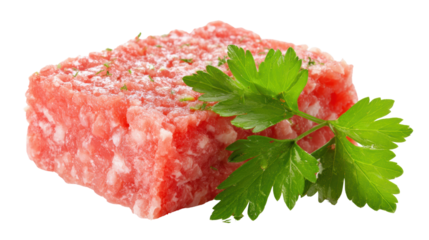 Fresh raw minced meat with green parsley on a white background.