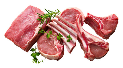 Fresh raw meat slices with herbs on white isolate background.