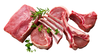 Fresh raw meat slices with herbs on white isolate background.