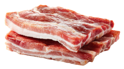 Fresh raw pork belly slices stacked on a white isolated background.