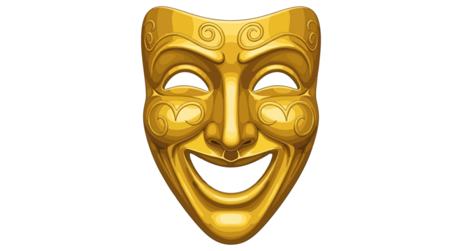 Golden theatrical mask with a happy expression and ornate swirling details