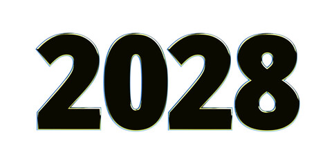 2028 - moderne plakative schwarze 3D Jahreszahl mit metallisch schimmerndem Farbverlauf, Neujahr, zukünftige Trends, Technologie, Business, Saison, Jubiläum, Innovation, Geschäftspräsentation, Schrift