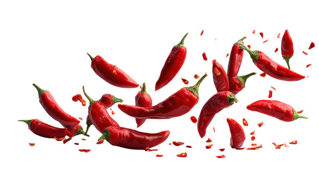 Fresh red chili peppers scattered on a white background for culinary uses. - Powered by Adobe