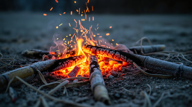 Campfire burning logs and glowing embers on dark ground  