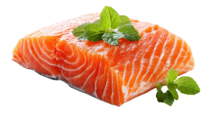 Fresh salmon fillet with mint leaves on a white background.