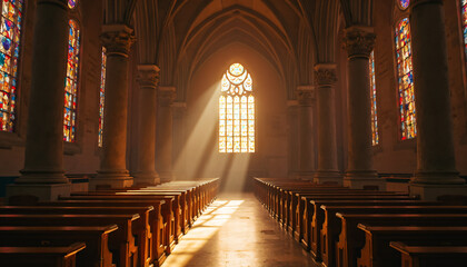 Church Interior with Sunlit Stained-Glass Window and Pews