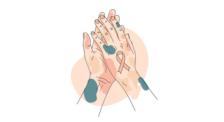 Close-up of hands with varied skin pigmentation featuring a pink awareness ribbon, representing health support and body positivity.