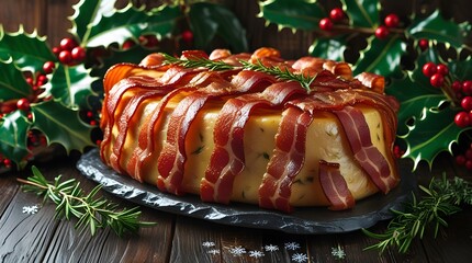A Traditional French terrine, intricately covered with crispy, golden-brown bacon strips, placed on a dark, richly textured wooden background, adorned with vibrant Christmas decorations