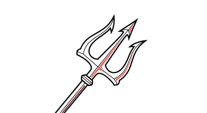 A stylized illustration of a trident with a reddish-pink accent, a mythological weapon commonly associated with sea gods like Poseidon.