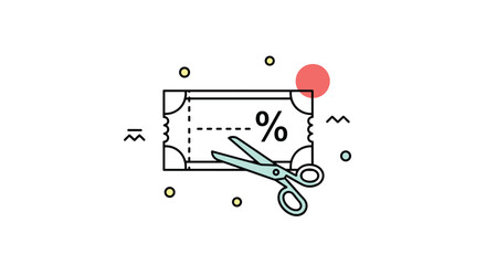 Minimalist illustration of a pair of scissors cutting a discount coupon with a percentage symbol, representing savings and special offers.