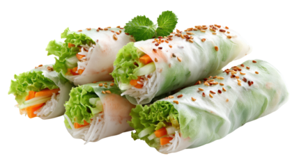 Fresh spring rolls filled with vegetables and herbs, garnished with sesame seeds, on a white background.