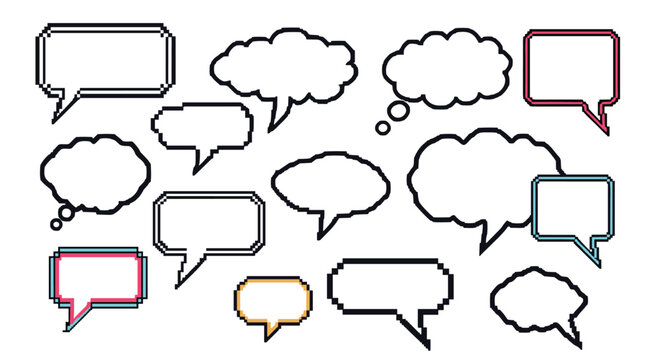 Retro pixel art speech and thought bubble collection with different styles for digital graphics and comic design.