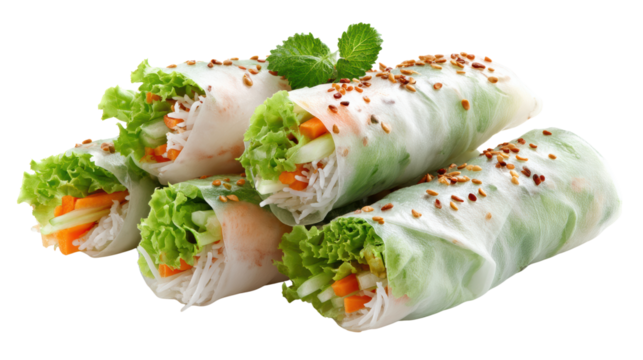 Fresh spring rolls filled with vegetables and herbs, garnished with sesame seeds, on a white background.