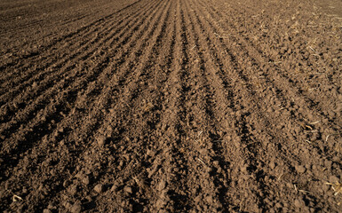 Brown soil with long straight rows, farmland prepared for sowing, textured agricultural background. © Volodymyr_sh