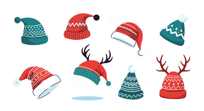 A cheerful collection of festive winter and Christmas hats, featuring classic Santa designs, cozy patterned beanies, and whimsical reindeer antler styles.