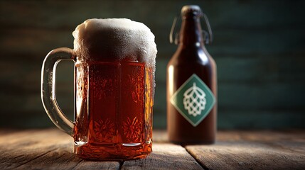 Rustic Amber Beer Mug with Foam Head on Wooden Table