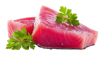 Fresh tuna steaks garnished with green herbs on white isolation background.