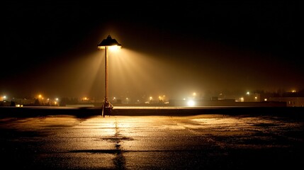 Isolated Street Lamp Illuminating Empty Night Parking Lot