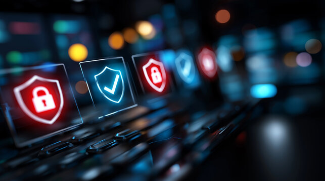 Cybersecurity checklist interface display, defocused compliance elements, data protection concept, network security visualization, IT safety system, digital protection compliance, 