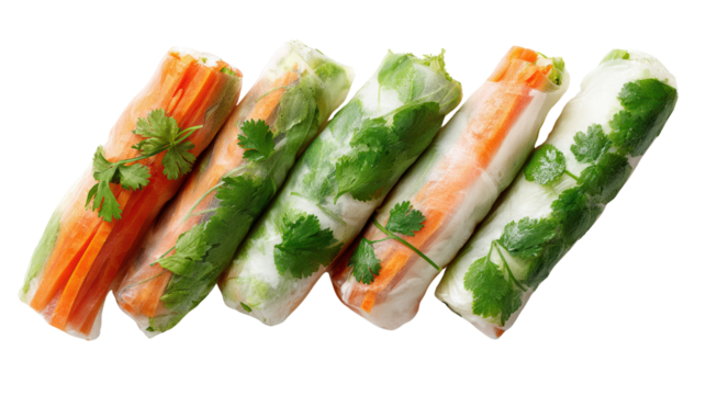 Fresh vegetable spring rolls, colorful and healthy, on a white isolated background.