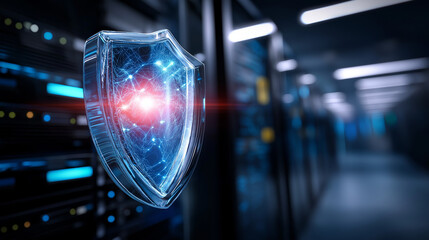 Digital shield glowing in server room, defocused equipment background, cybersecurity concept, data protection environment, modern security infrastructure, information safety facili