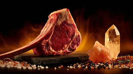 Fiery Tomahawk Steak with Crystals and Gourmet Seasoning on Dark Dramatic Background