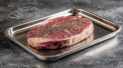 Fresh Marbled Ribeye Steak on Stainless Steel Tray