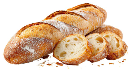 Freshly baked artisan bread with sliced pieces on a white isolated background.