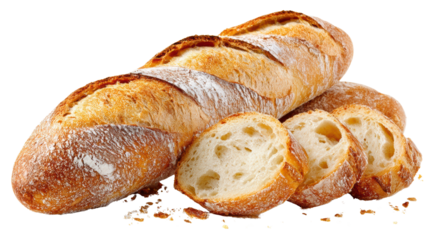 Freshly baked artisan bread with sliced pieces on a white isolated background.
