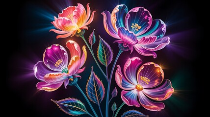 Neon flowers with glowing petals and leaves on a dark background art