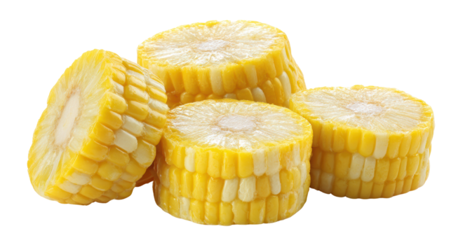 Fresh yellow corn slices stacked on a white background, ideal for culinary presentations.