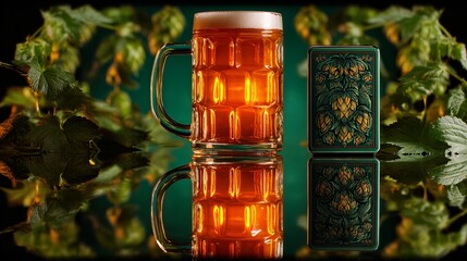 Golden Craft Beer Mug with Hop-Themed Art Card and Botanical Backdrop