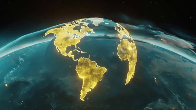 Holographic planet globe of Earth from space digital globe with multiple layers of data points and graphs, with an illuminated padlock icon in the center representing global security 3d rendering futu