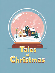 christmas poster with snow globe and tales of christmas text, christmas card with cozy village scene, festive card with falling snow and pink background

