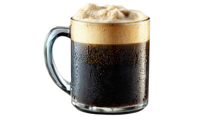 Frothy dark beverage in a glass mug, white isolate background